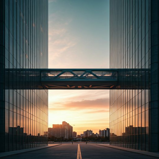 Glass skyway between towers at sunset